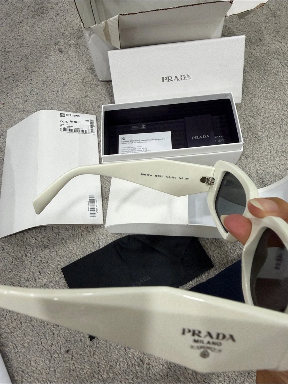 Prada White Rectangular Sunglasses with Dark Lenses 0PR 17WS Talc Smoke Grey